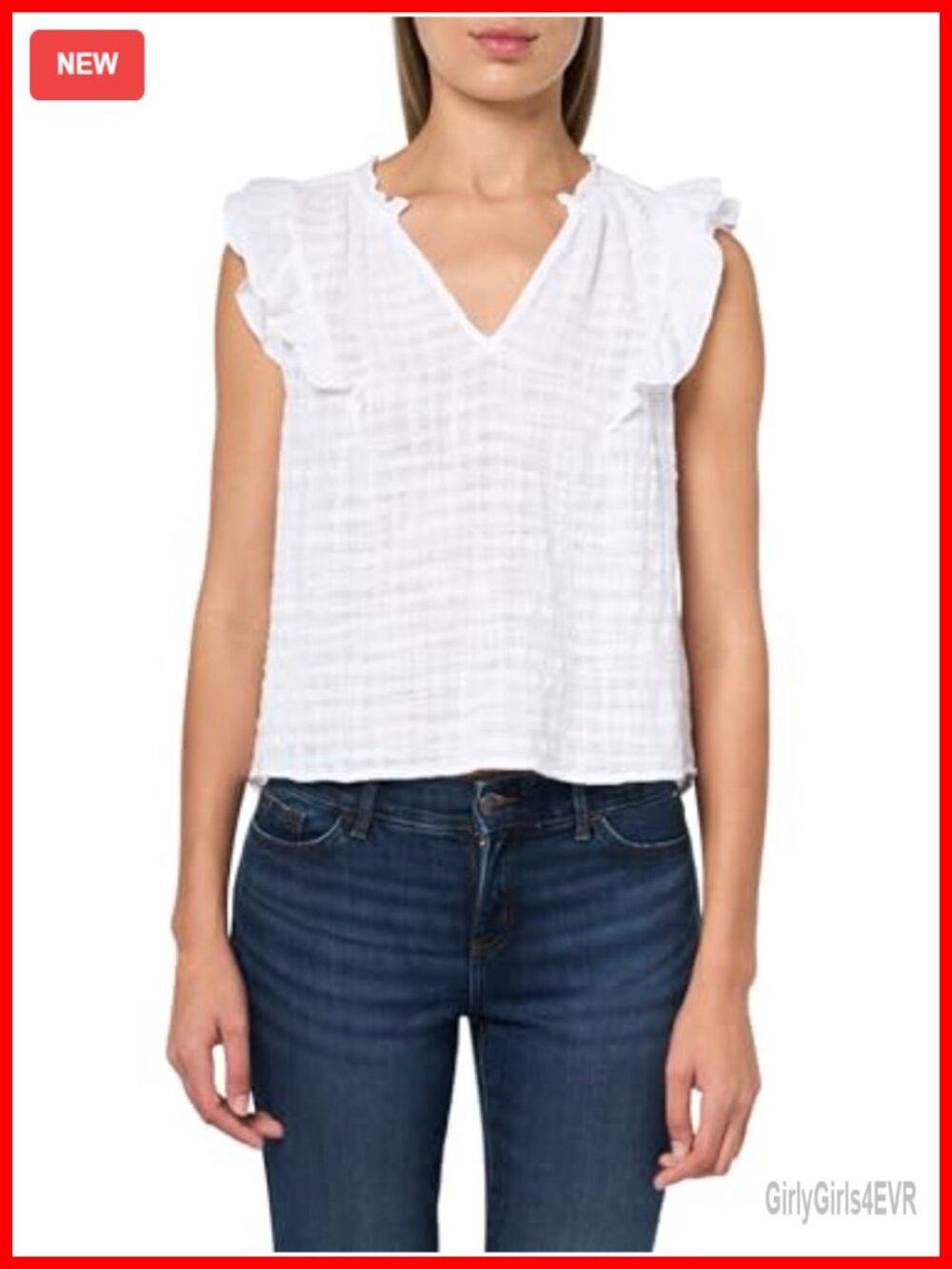 Textured Gauze Blouse Sleeveless Notch Neck Ruffle V-Neck